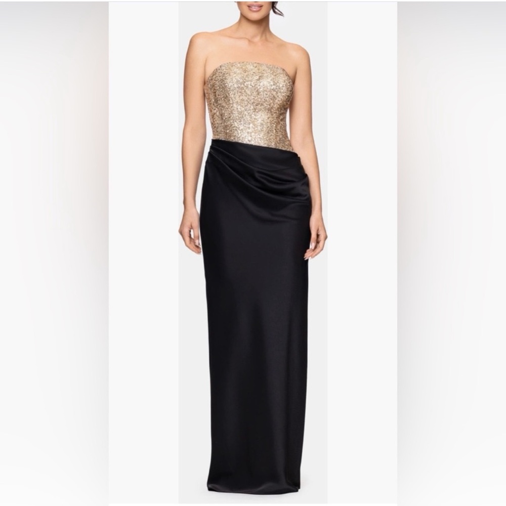 Betsy & Adam Gold Sequin Black Strapless Corset Gathered Draped Maxi Dress - Picture 2 of 13